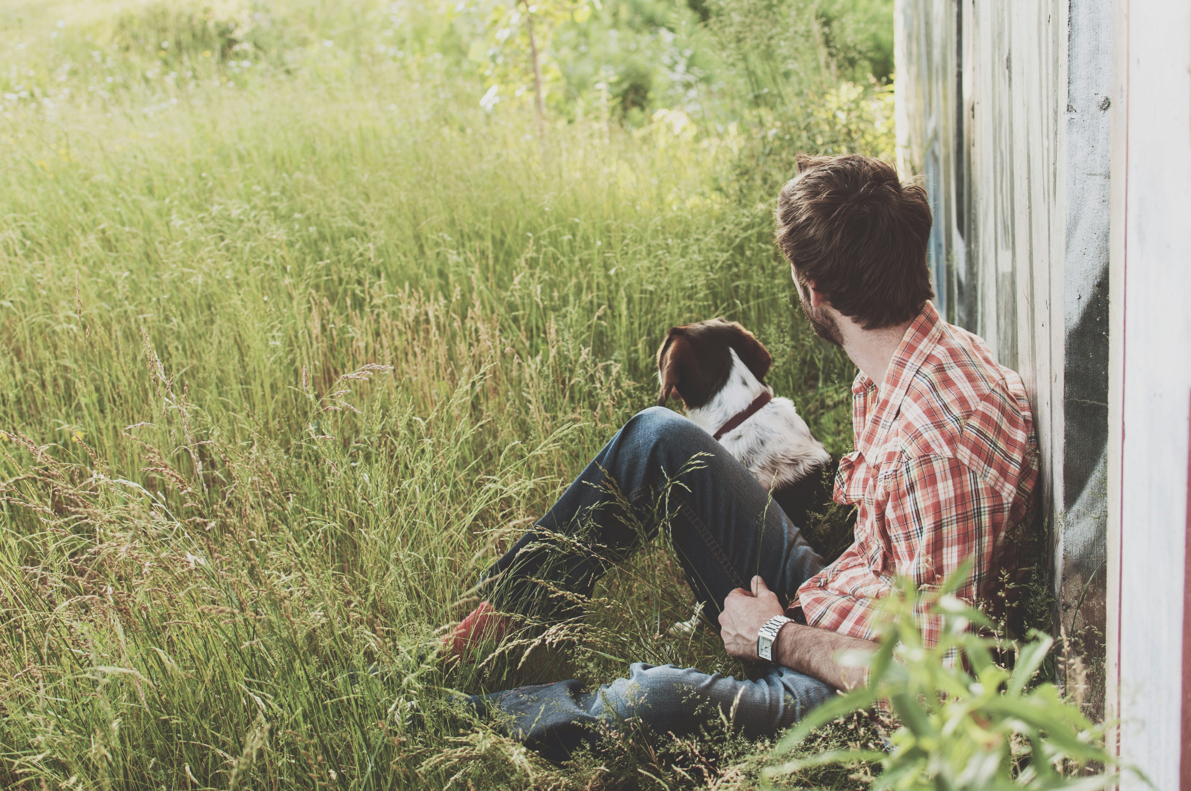 man sitting on green grass with white and black dog